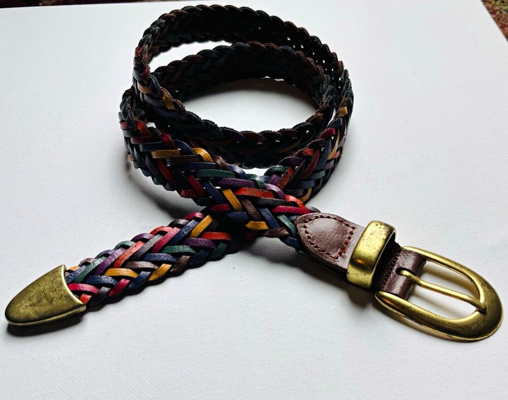 VTG 90s Boho Multicolor Woven Braided Leather Belt Brass Buckle SM 29-33 inch